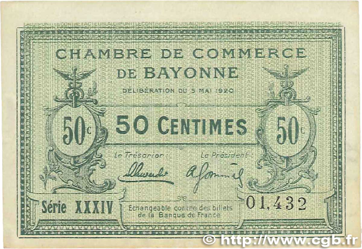 50 Centimes FRANCE regionalism and miscellaneous Bayonne 1920 JP.021.66 XF+