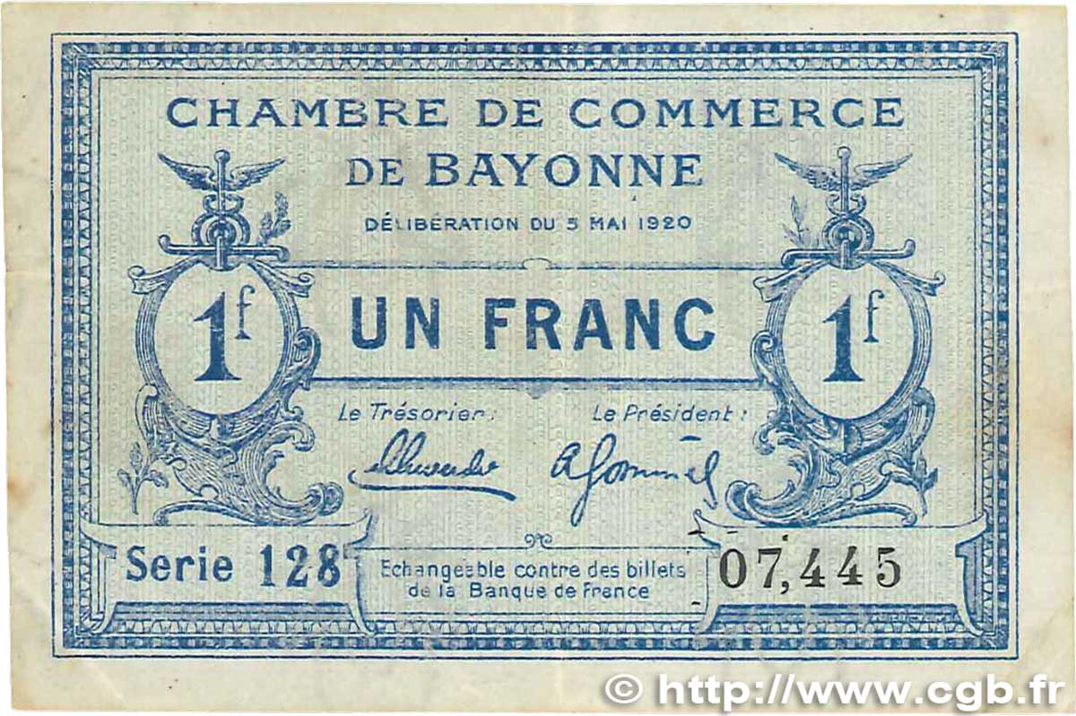 1 Franc FRANCE Regionalismus und verschiedenen Bayonne 1920 JP.021.67 S