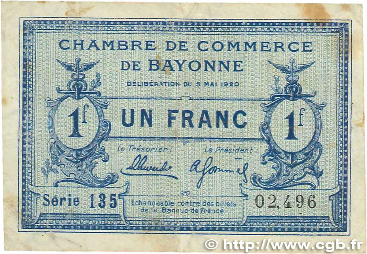 1 Franc FRANCE regionalismo e varie Bayonne 1920 JP.021.67 MB
