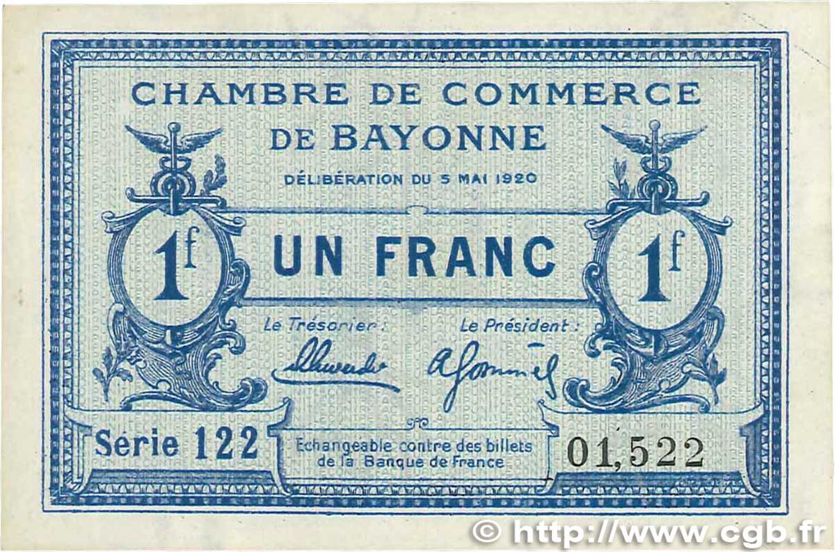 1 Franc FRANCE regionalismo y varios Bayonne 1920 JP.021.67 SC