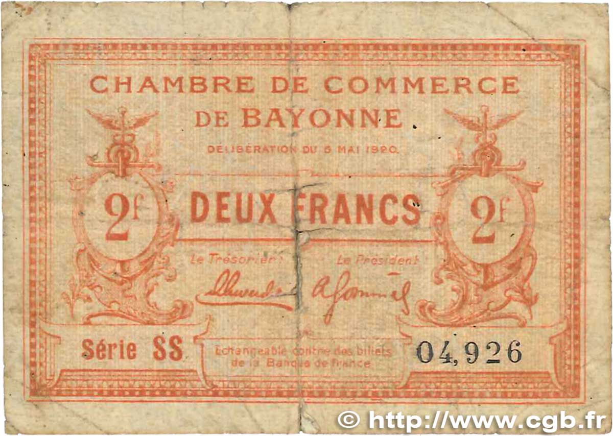 2 Francs FRANCE regionalism and various Bayonne 1920 JP.021.68 G