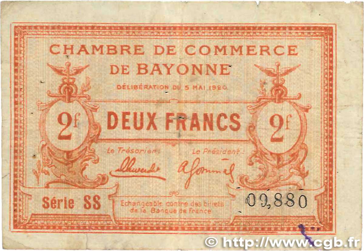 2 Francs FRANCE regionalismo y varios Bayonne 1920 JP.021.68 BC