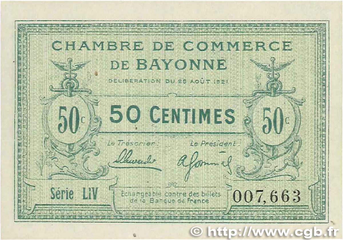 50 Centimes FRANCE regionalism and various Bayonne 1921 JP.021.69 UNC-