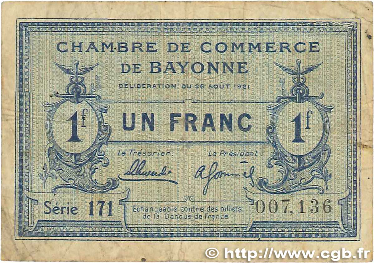 1 Franc FRANCE regionalism and various Bayonne 1921 JP.021.70 VG