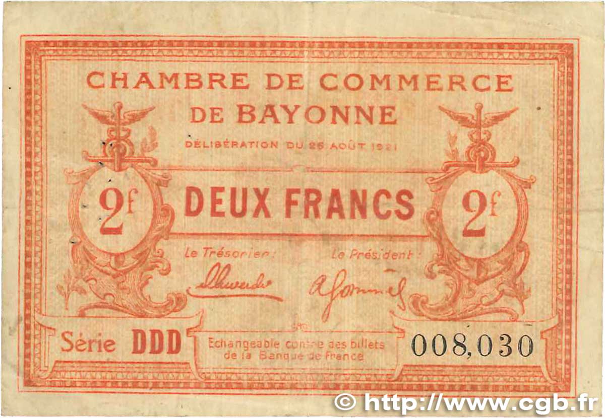 2 Francs FRANCE regionalismo e varie Bayonne 1921 JP.021.72 MB