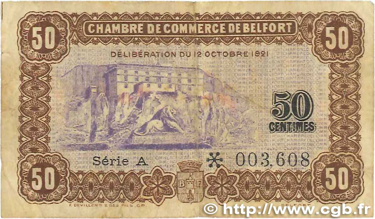 50 Centimes FRANCE regionalismo y varios Belfort 1921 JP.023.56 RC+