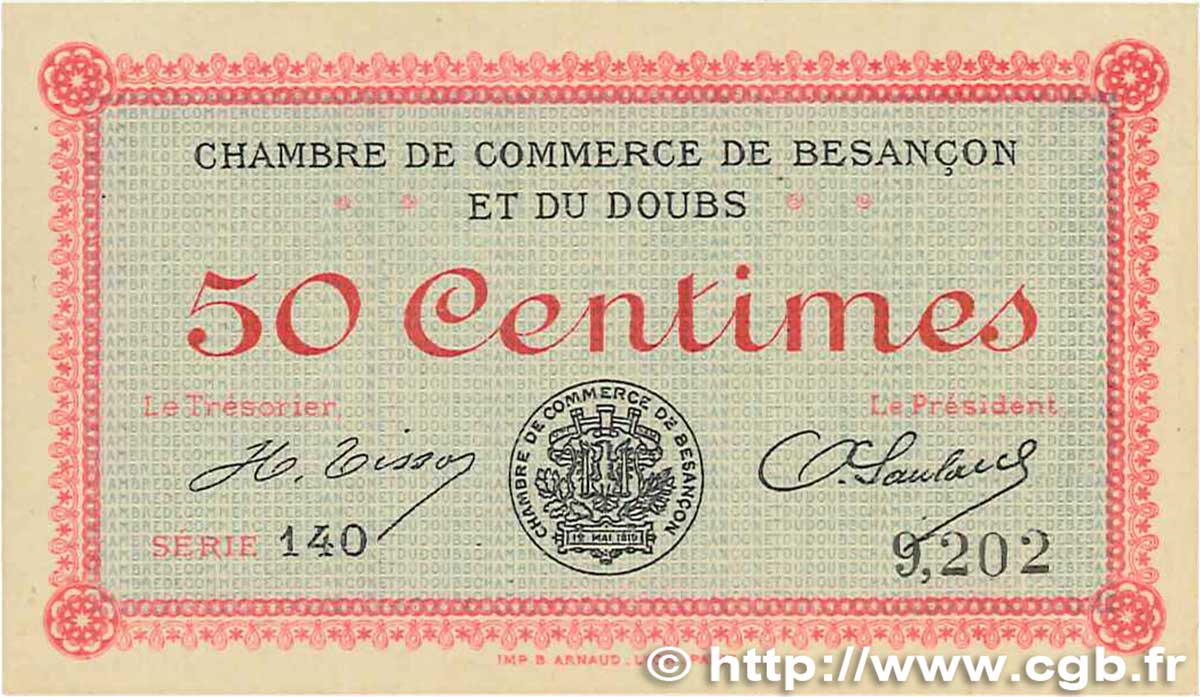 50 Centimes FRANCE Regionalismus und verschiedenen Besançon 1915 JP.025.01 fST