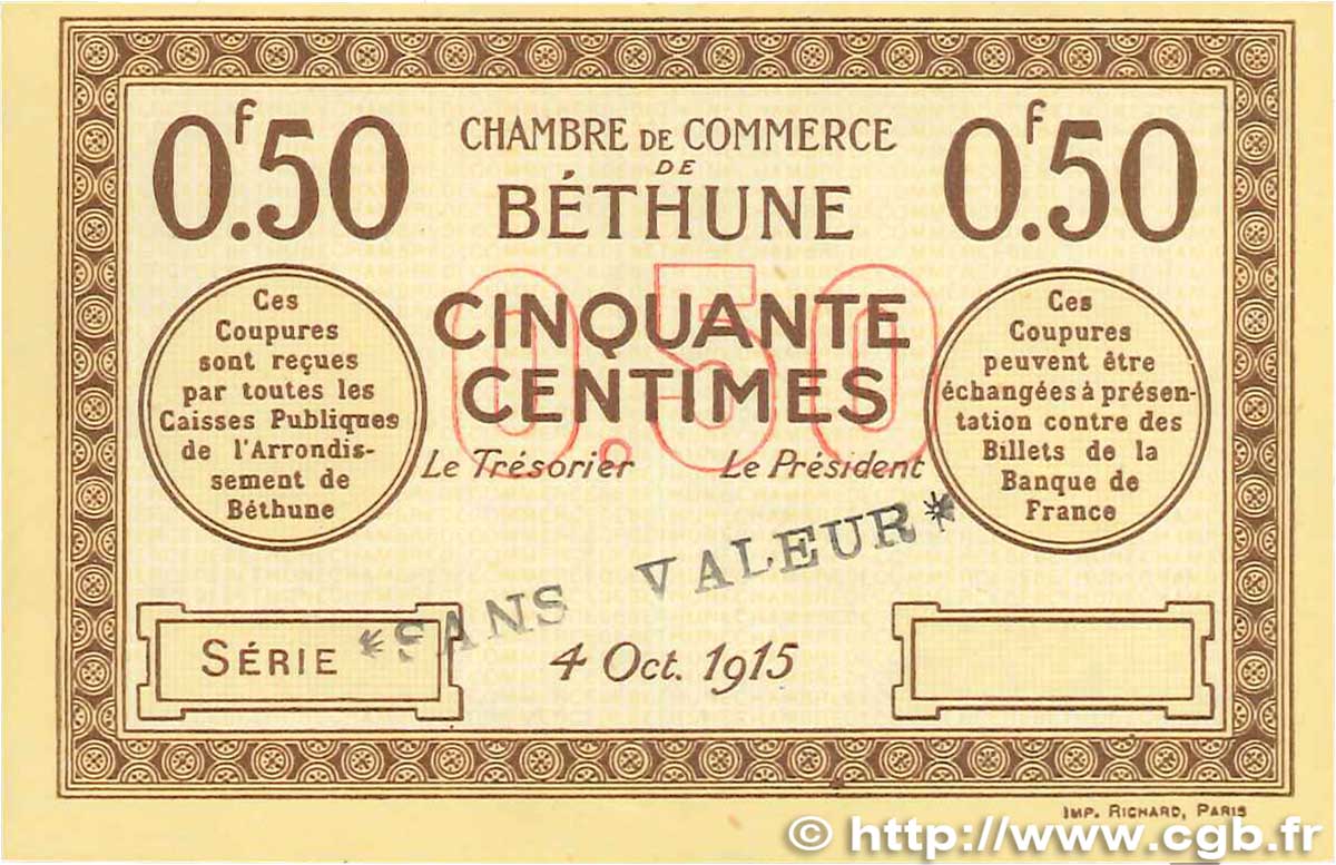 50 Centimes Spécimen FRANCE Regionalismus und verschiedenen Béthune 1915 JP.026.03 VZ+