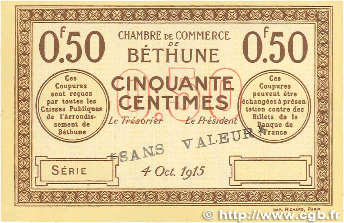 50 Centimes Spécimen FRANCE regionalismo e varie Béthune 1915 JP.026.03 AU