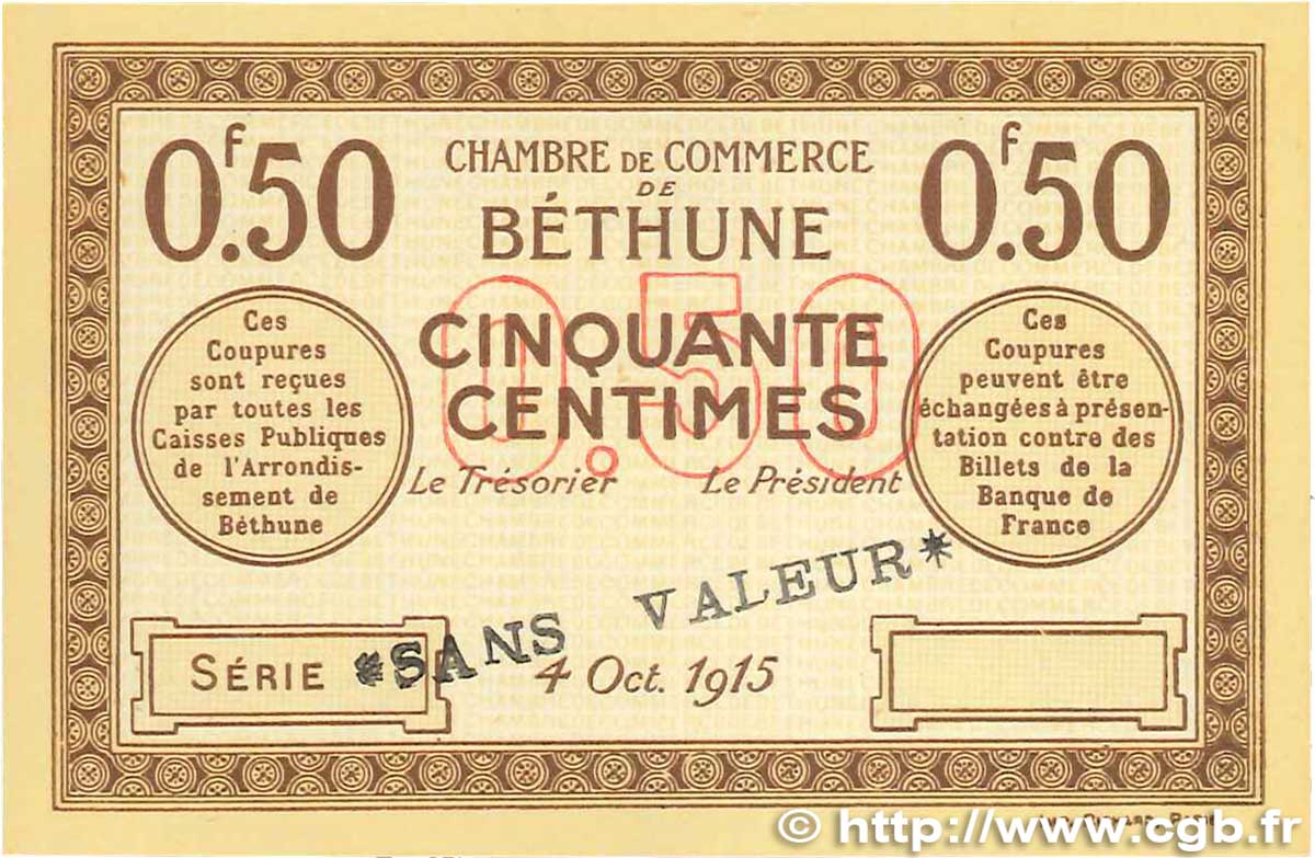 50 Centimes Spécimen FRANCE regionalismo y varios Béthune 1915 JP.026.03 FDC