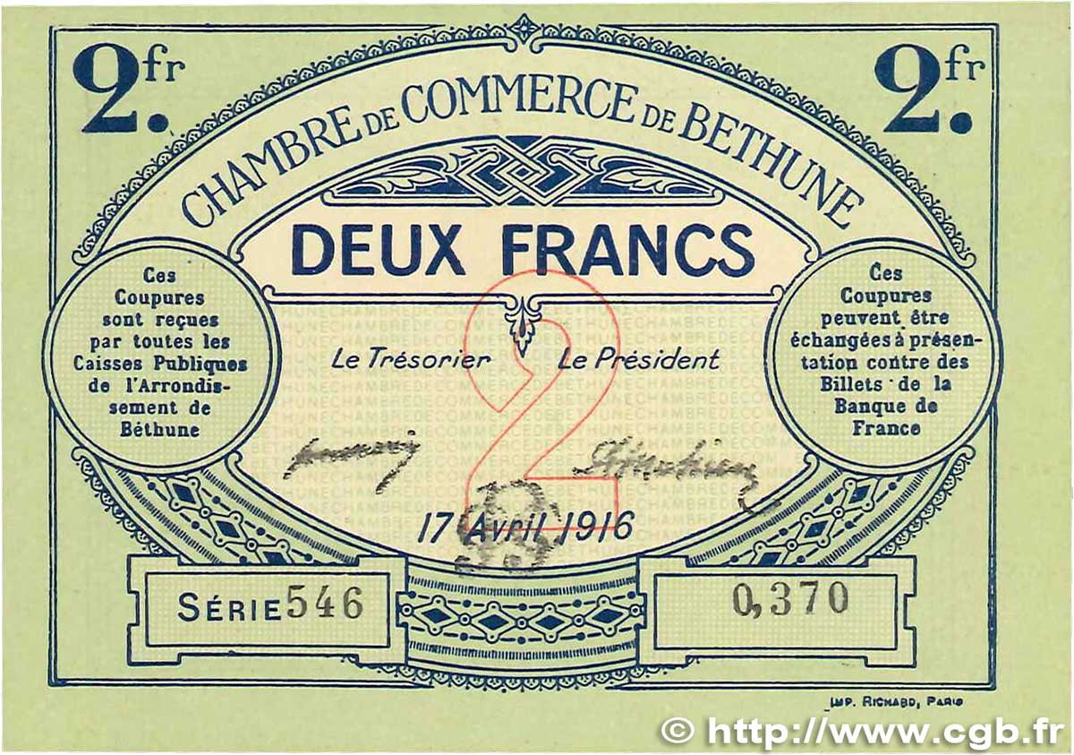 2 Francs FRANCE regionalismo y varios Béthune 1916 JP.026.19 SC+