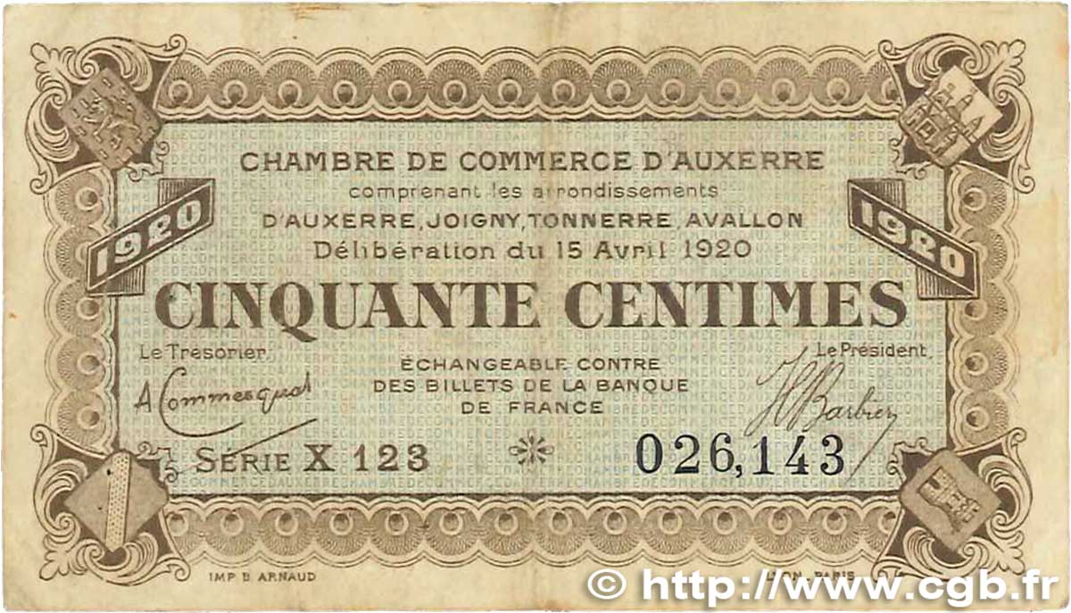 50 Centimes FRANCE Regionalismus und verschiedenen Auxerre 1920 JP.017.24 S