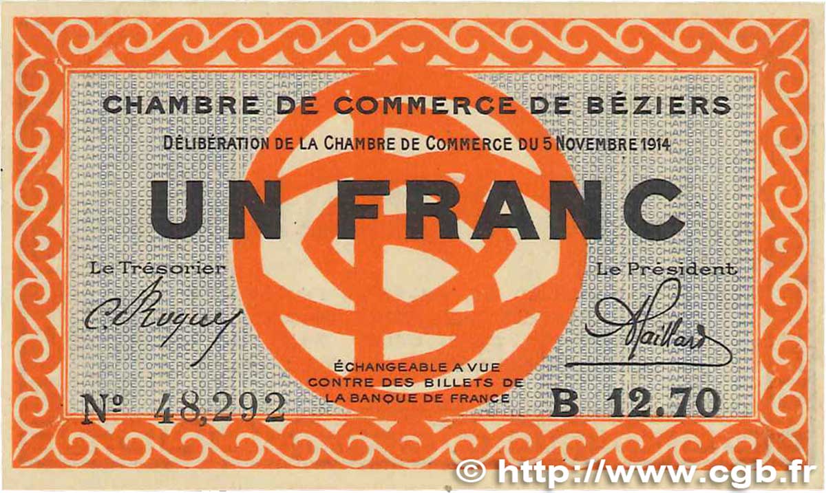 1 Franc FRANCE regionalism and various Béziers 1914 JP.027.08 XF