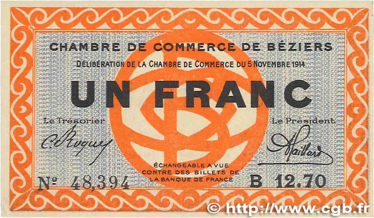1 Franc FRANCE regionalism and various Béziers 1914 JP.027.08 XF+