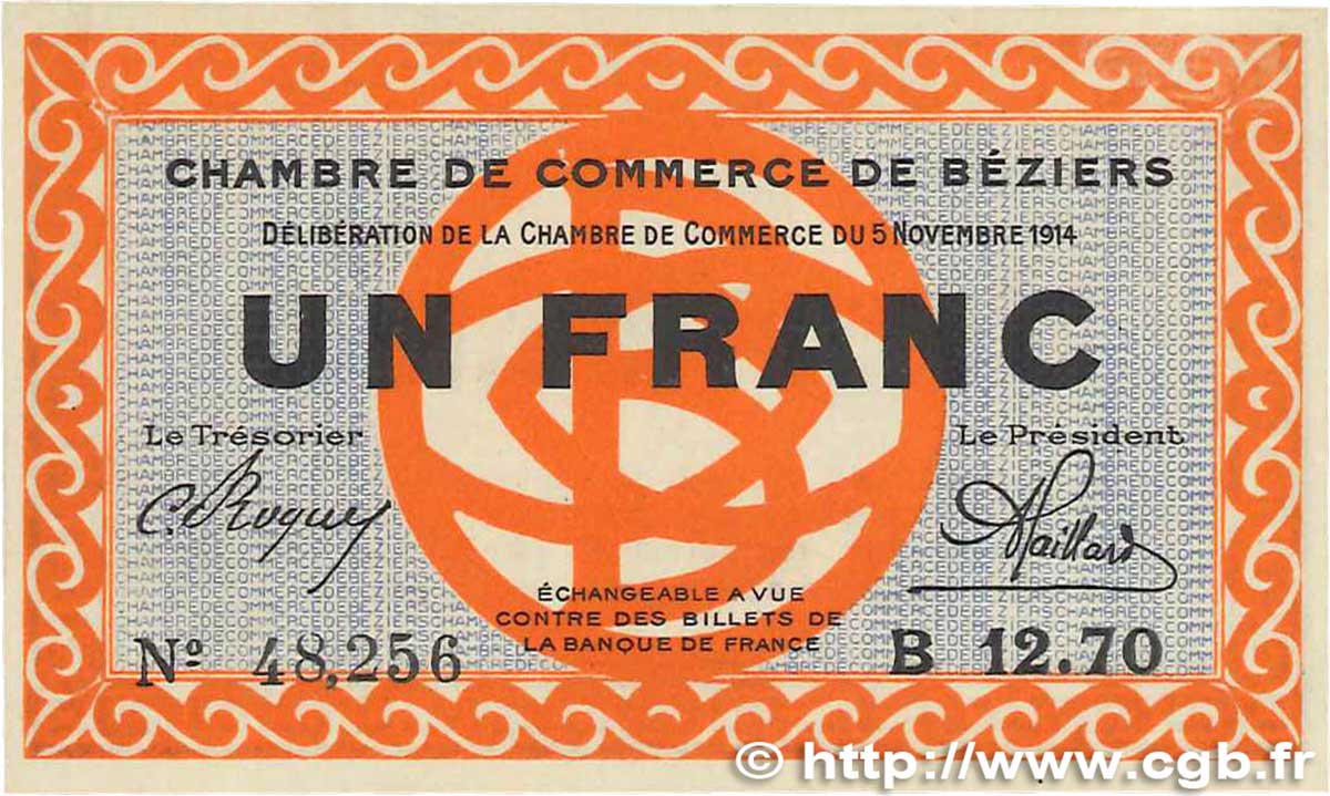1 Franc FRANCE regionalism and miscellaneous Béziers 1914 JP.027.08 AU