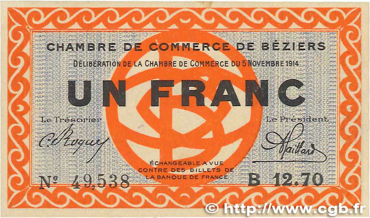 1 Franc FRANCE Regionalismus und verschiedenen Béziers 1914 JP.027.08 fST+