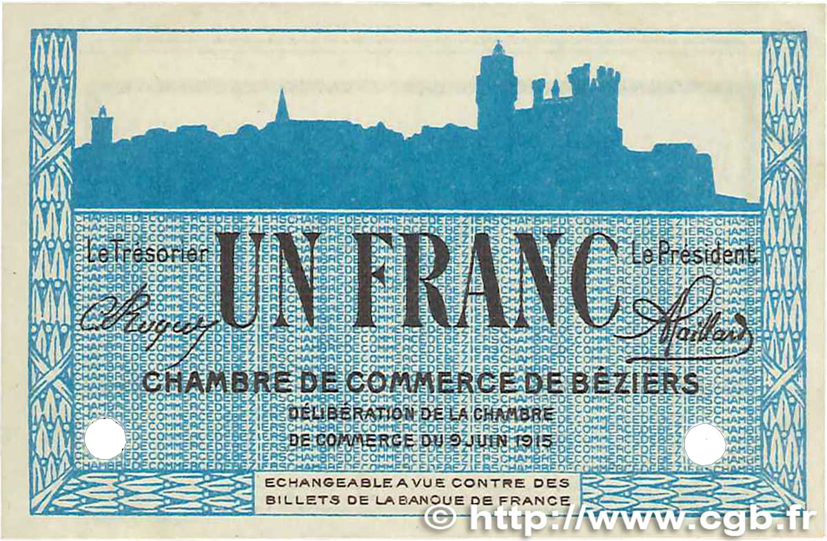 1 Franc FRANCE Regionalismus und verschiedenen Béziers 1915 JP.027.16 fST