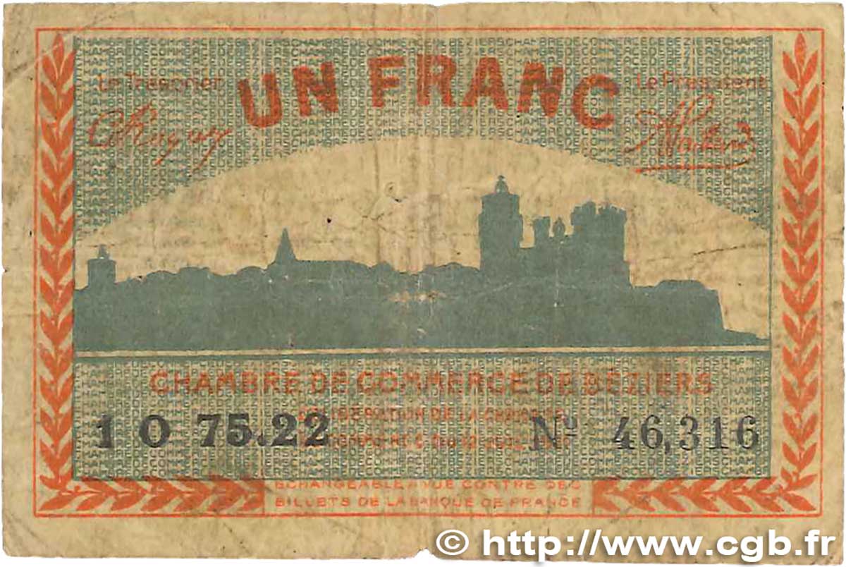 1 Franc FRANCE regionalismo e varie Béziers 1921 JP.027.33 B