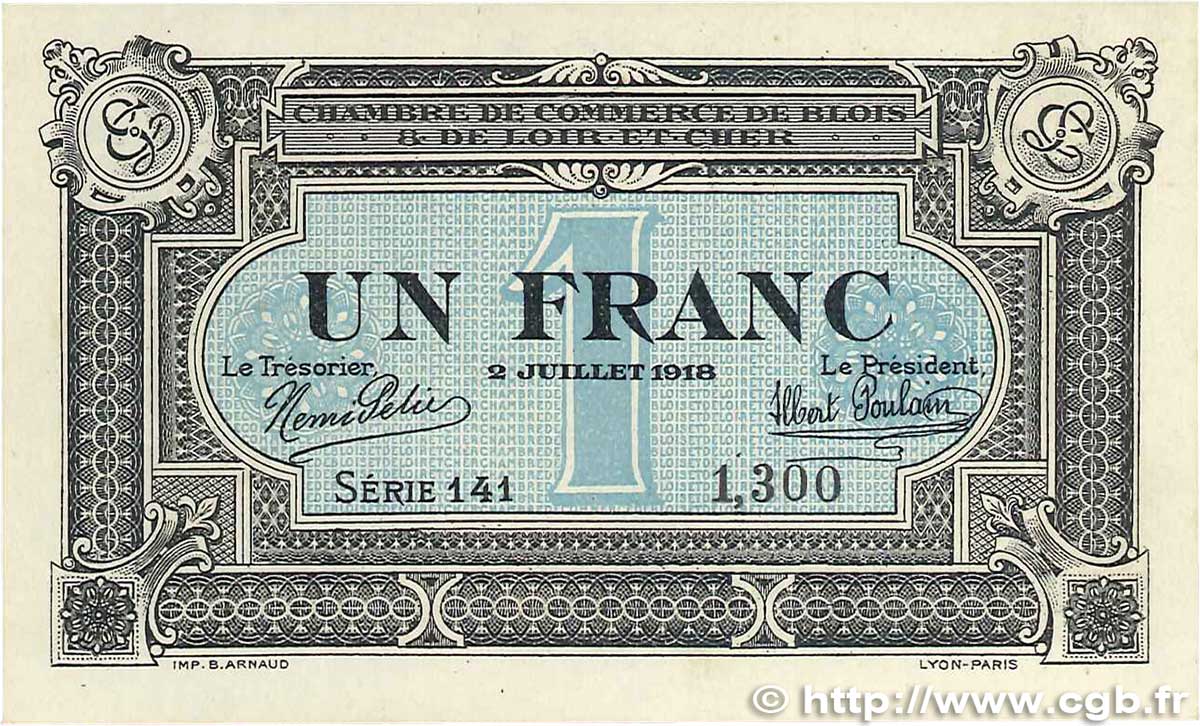 1 Franc FRANCE regionalism and miscellaneous Blois 1918 JP.028.11 XF+