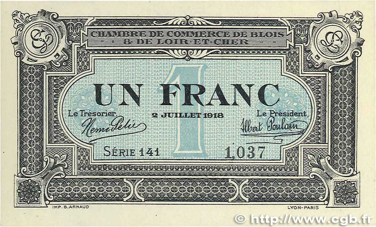 1 Franc FRANCE regionalismo y varios Blois 1918 JP.028.11 SC+