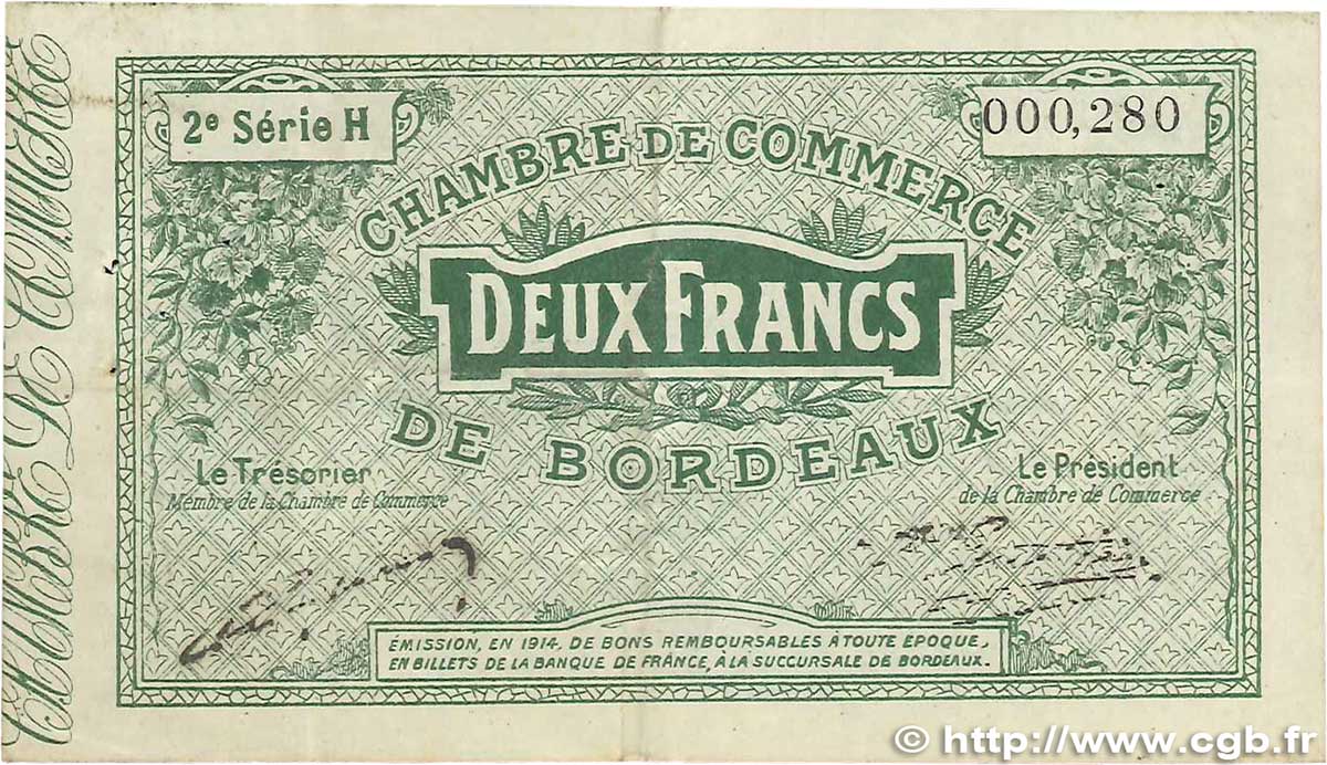 2 Francs FRANCE Regionalismus und verschiedenen Bordeaux 1914 JP.030.09 SS
