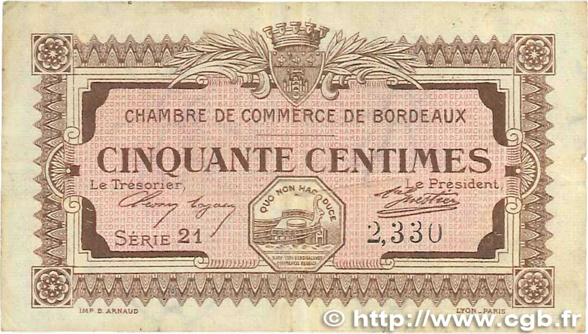 50 Centimes FRANCE Regionalismus und verschiedenen Bordeaux 1917 JP.030.11 S