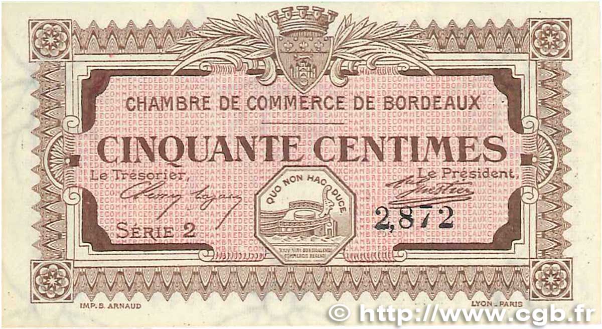 50 Centimes FRANCE regionalism and miscellaneous Bordeaux 1917 JP.030.11 UNC-