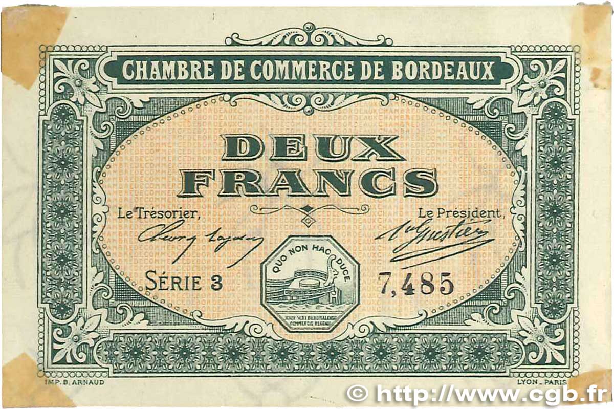 2 Francs FRANCE regionalismo y varios Bordeaux 1917 JP.030.17 MBC