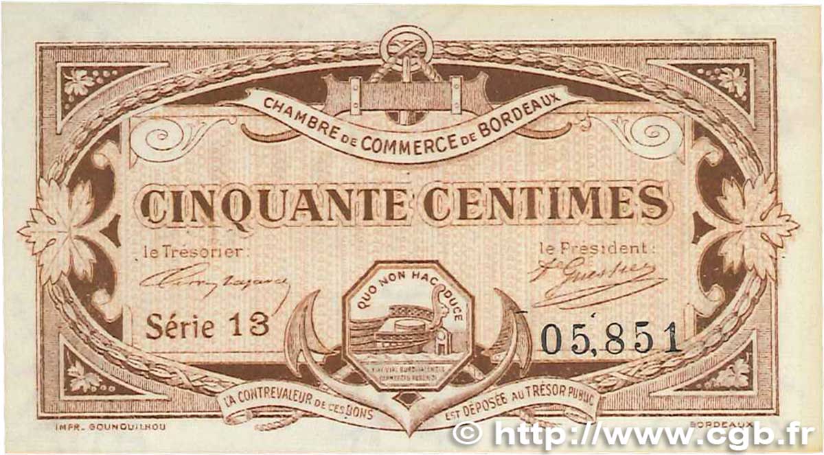50 Centimes FRANCE regionalism and various Bordeaux 1917 JP.030.20 XF+