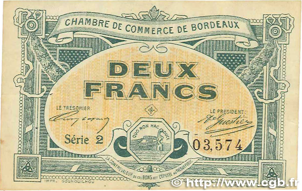 2 Francs FRANCE regionalismo y varios Bordeaux 1917 JP.030.23 MBC