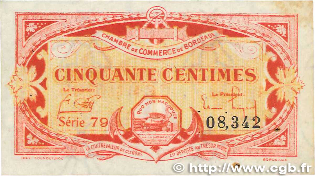 50 Centimes FRANCE Regionalismus und verschiedenen Bordeaux 1920 JP.030.24 SS