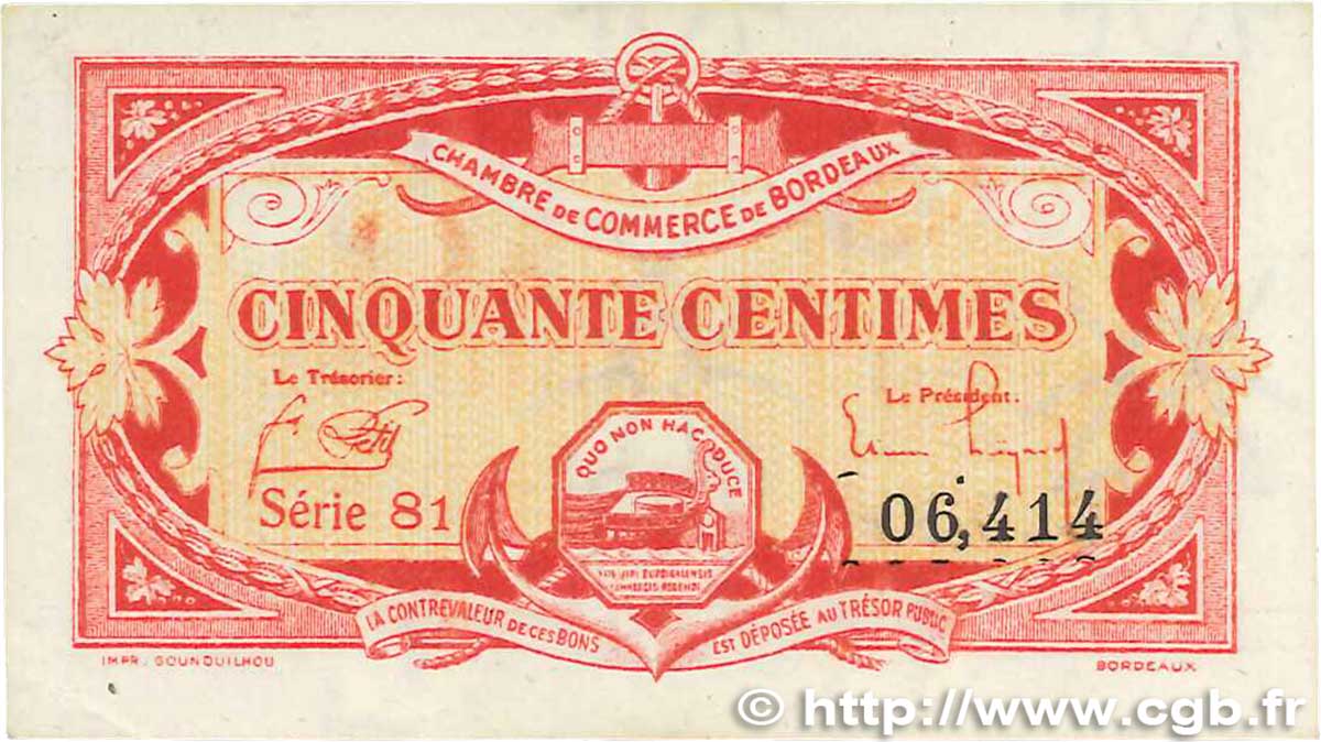 50 Centimes FRANCE regionalismo e varie Bordeaux 1920 JP.030.24 q.SPL