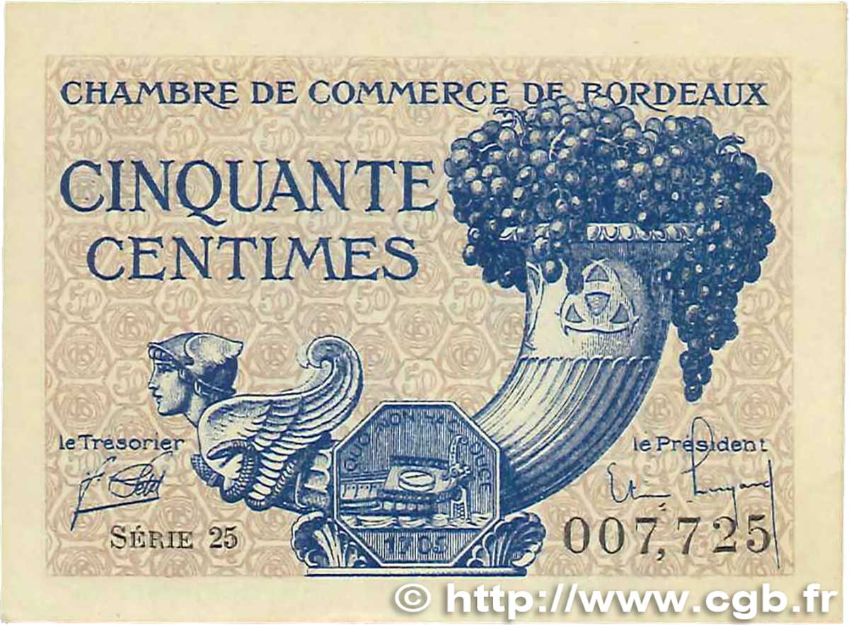 50 Centimes FRANCE Regionalismus und verschiedenen Bordeaux 1921 JP.030.28 VZ