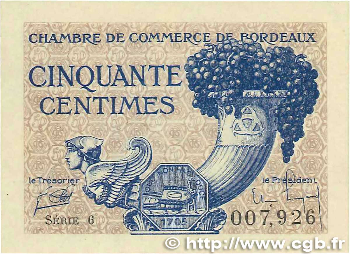 50 Centimes FRANCE regionalismo y varios Bordeaux 1921 JP.030.28 FDC