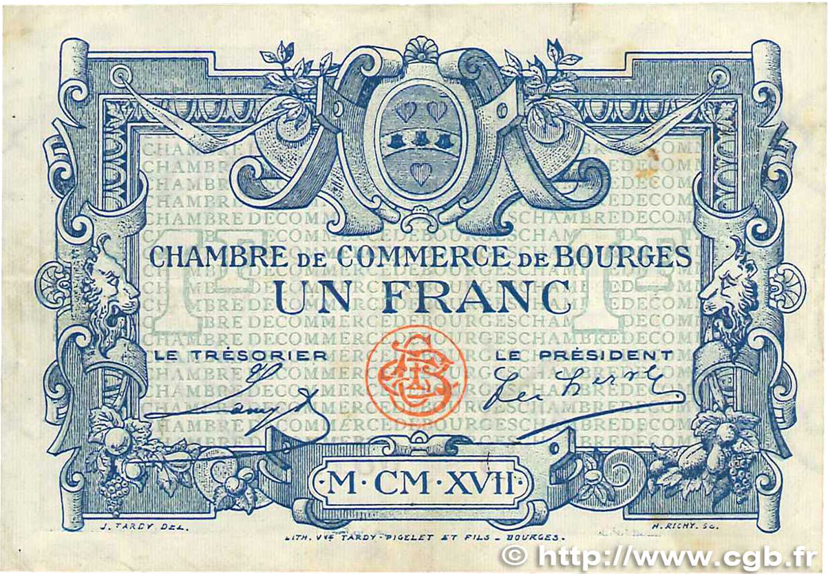 1 Franc FRANCE regionalismo y varios Bourges 1917 JP.032.09 BC