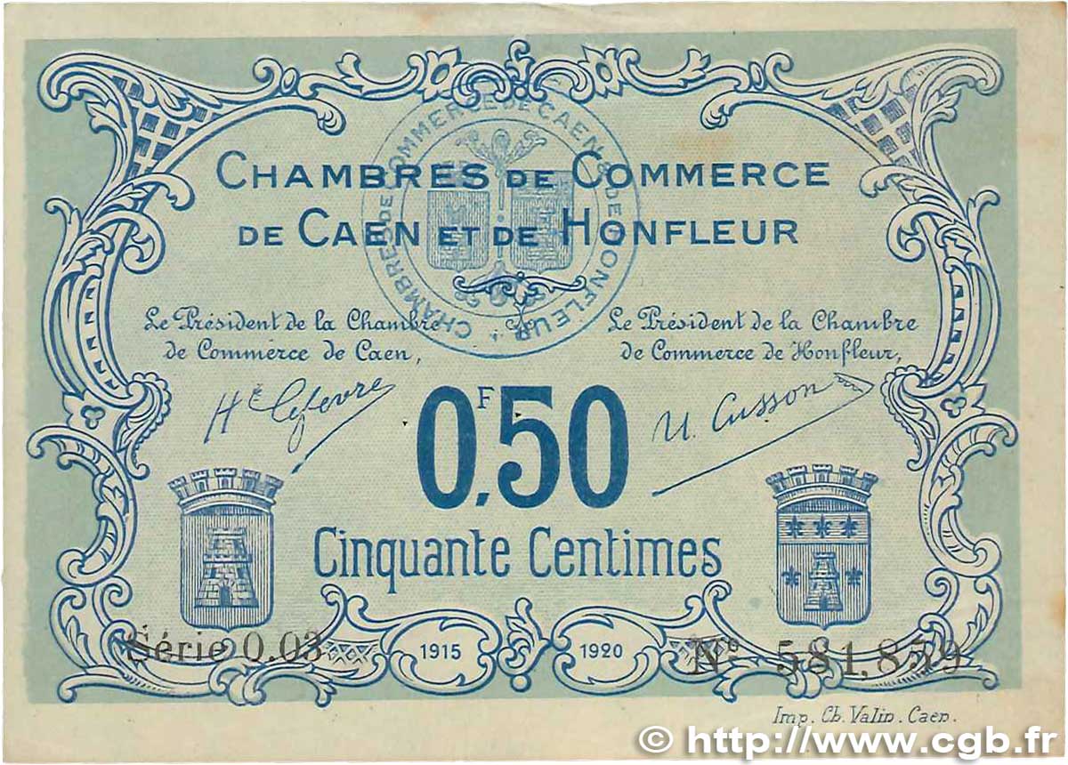 50 Centimes FRANCE regionalism and miscellaneous Caen et Honfleur 1915 JP.034.04 F