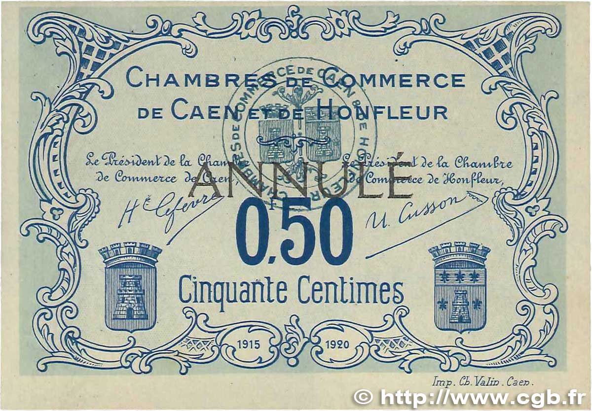 50 Centimes Annulé FRANCE regionalism and miscellaneous Caen et Honfleur 1915 JP.034.05 XF