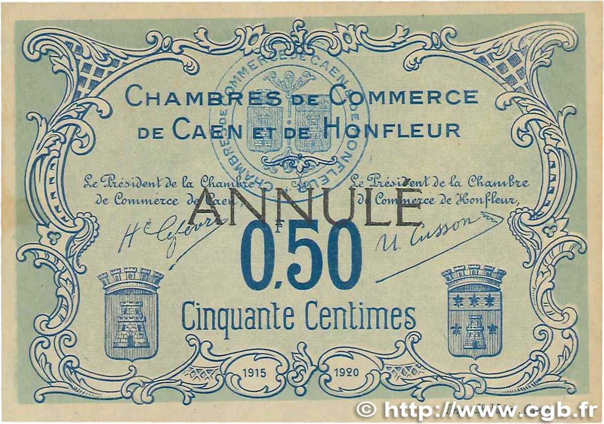 50 Centimes Annulé FRANCE regionalism and miscellaneous Caen et Honfleur 1915 JP.034.05 XF+