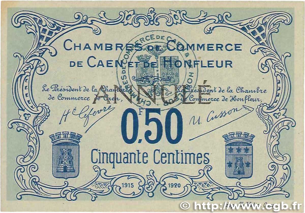 50 Centimes Annulé FRANCE Regionalismus und verschiedenen Caen et Honfleur 1915 JP.034.05 fST+