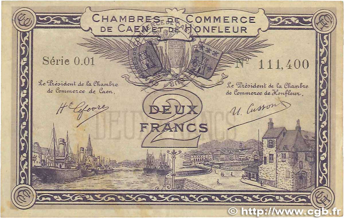 2 Francs FRANCE regionalism and various Caen et Honfleur 1915 JP.034.10 VF