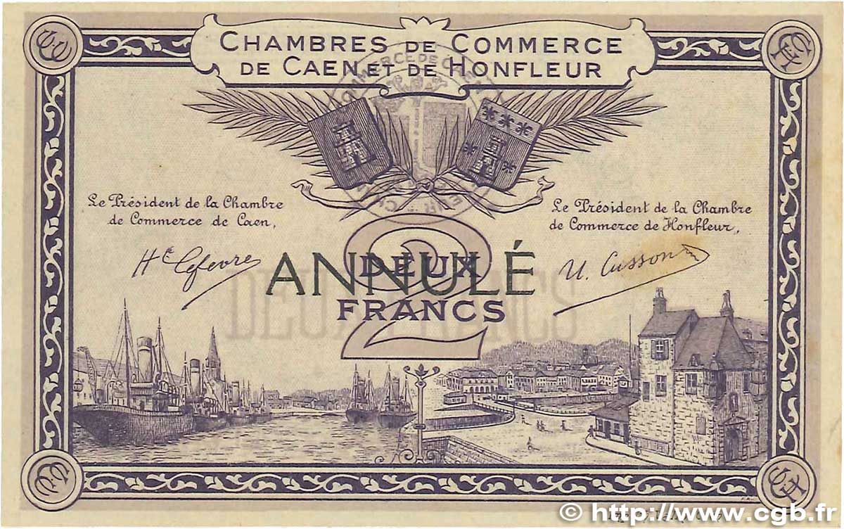 2 Francs Annulé FRANCE Regionalismus und verschiedenen Caen et Honfleur 1915 JP.034.11 SS