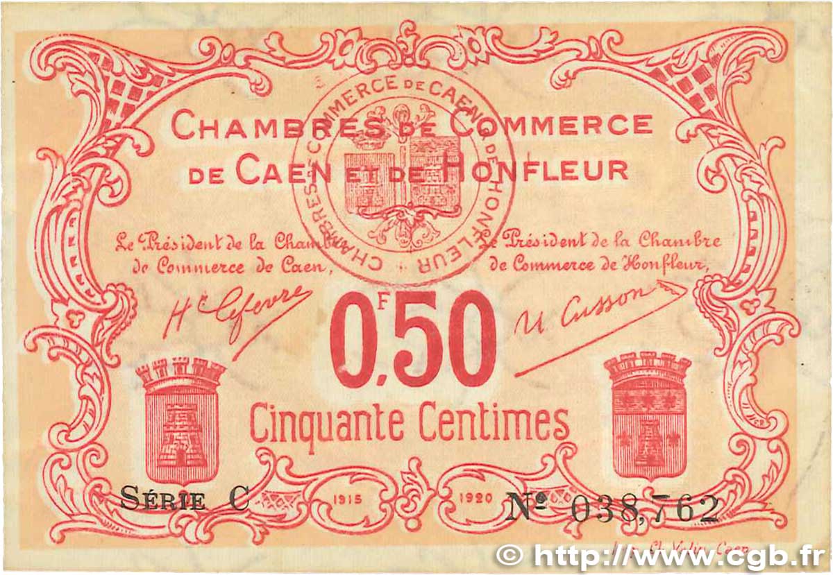 50 Centimes FRANCE regionalism and various Caen et Honfleur 1918 JP.034.12 VF