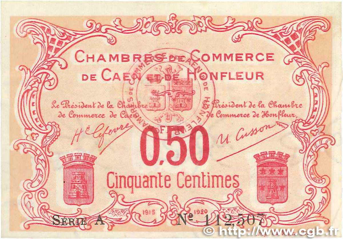 50 Centimes FRANCE regionalism and various Caen et Honfleur 1918 JP.034.12 VF