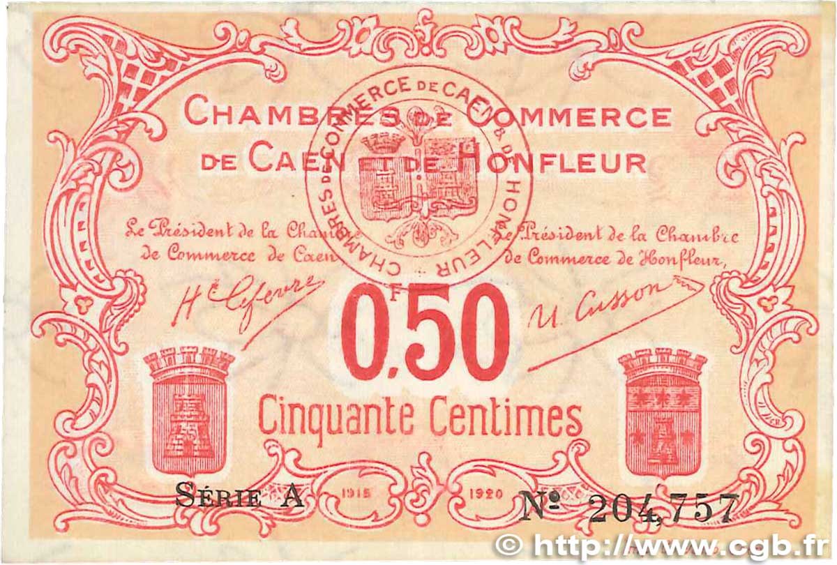 50 Centimes FRANCE regionalismo e varie Caen et Honfleur 1918 JP.034.12 SPL