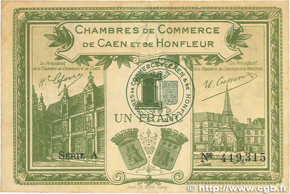 1 Franc FRANCE regionalism and various Caen et Honfleur 1918 JP.034.14 F