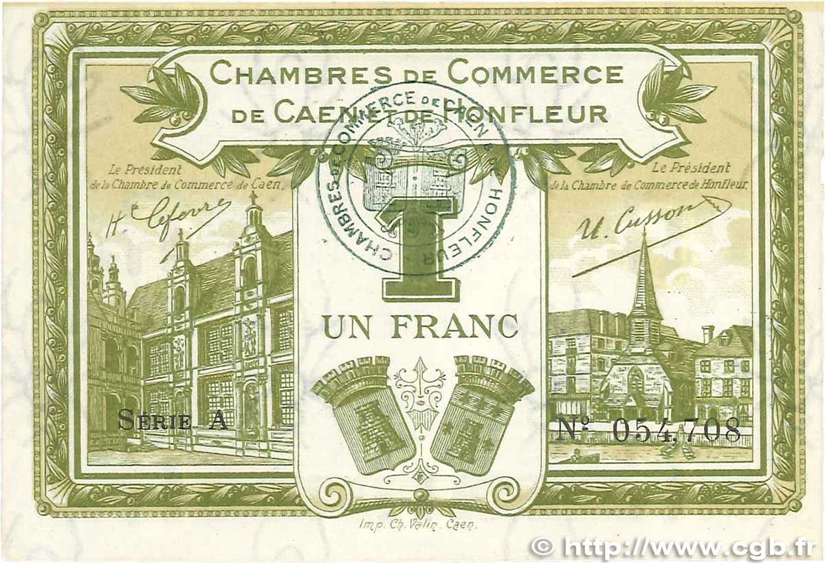 1 Franc FRANCE regionalism and miscellaneous Caen et Honfleur 1918 JP.034.14 VF+