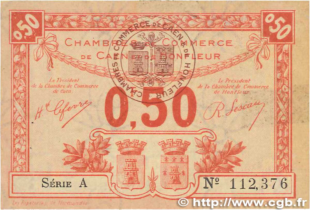 50 Centimes FRANCE regionalism and various Caen et Honfleur 1920 JP.034.16 VF