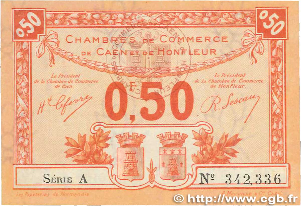 50 Centimes FRANCE Regionalismus und verschiedenen Caen et Honfleur 1920 JP.034.16 fST