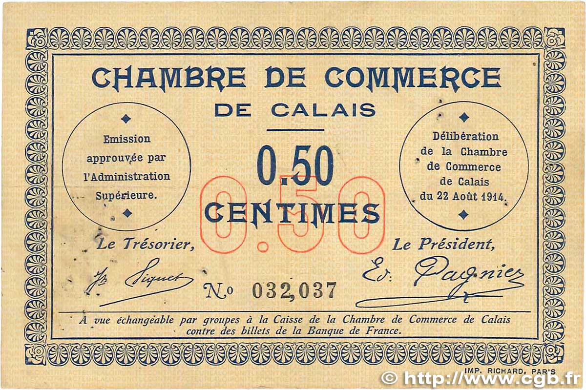 50 Centimes FRANCE regionalismo y varios Calais 1914 JP.036.01 BC