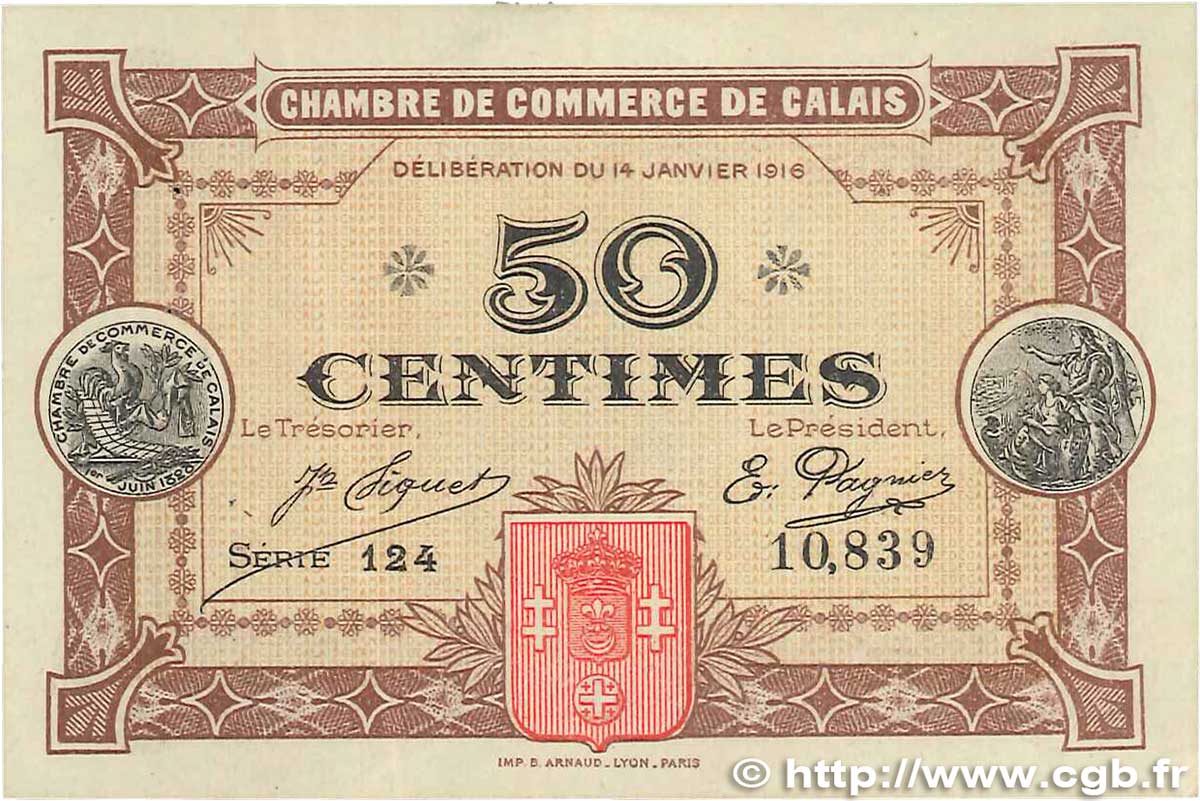 50 Centimes FRANCE regionalism and various Calais 1916 JP.036.21 VF